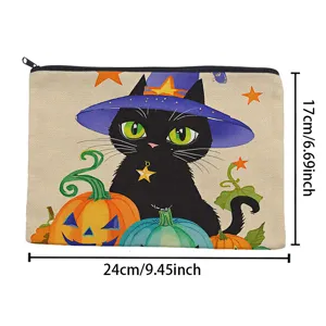Canvas Halloween makeup bag with black cat print, portable zipper cosmetic storage pouch.