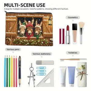 Multi-scene canvas storage bag with cute donkey print, ideal for cosmetics and stationery.