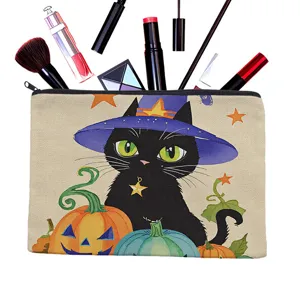 Halloween Black Cat Canvas Cosmetic Bag Cute Pumpkin Makeup Pouch Portable Toiletry Organizer