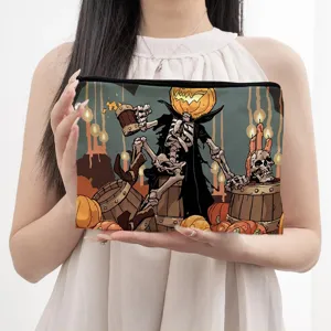 Halloween Kürbis Skelett Canvas Kosmetiktasche Reißverschluss Kulturbeutel Tasche