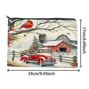 Christmas vintage red truck zipper pouch makeup bag winter cardinal storage bag 24x17cm
