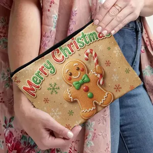 Weihnachtsmann Lebkuchen Make-up-Tasche Detailaufnahme, festliche Kosmetiktasche mit Reißverschluss.
