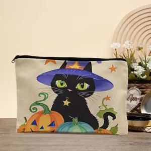 Halloween black cat canvas cosmetic bag detail view, portable zipper makeup storage pouch.