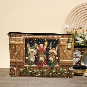 Detail view of the Christmas donkey print makeup bag, featuring cute winter animals and zipper.