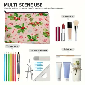 Detail view of large Christmas storage bag showing multi-scene use with cosmetics and pens.