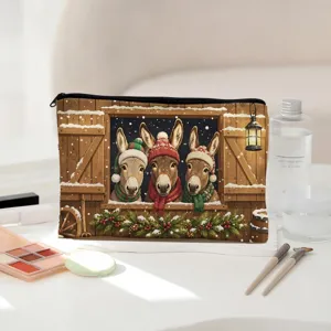 Christmas donkey print cosmetic bag canvas zipper storage pouch travel makeup organizer