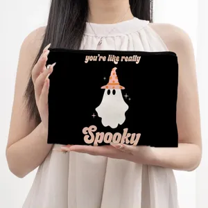 Schwarze Halloween Kosmetiktasche mit niedlichem Geist Druck, tragbare Reißverschluss Make-up Tasche.