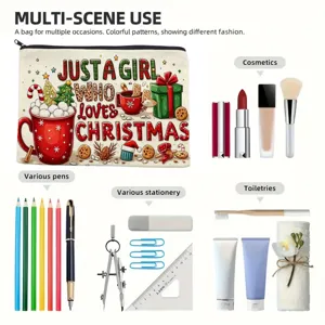 Christmas canvas zipper makeup pouch multi-functional cute cosmetic storage bag for daily use