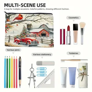 Multi-scene storage bag with cute Christmas truck print, perfect for pens and cosmetics.