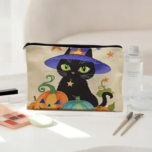 Halloween black cat canvas cosmetic bag portable toiletry organizer for travel daily use