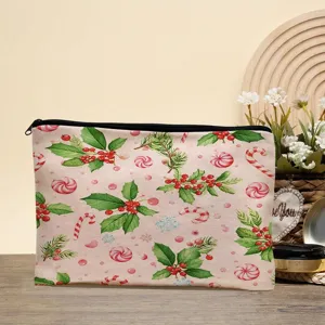Large capacity Christmas makeup bag, polyester cosmetic storage pouch for travel and stationery.