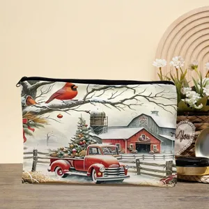 Christmas red truck zipper pouch storage bag for holiday gift, portable daily cosmetic organizer.