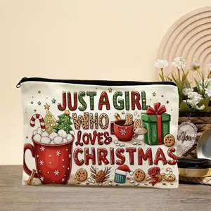 Detailed view of a Christmas canvas cosmetic bag with festive print and zipper closure.
