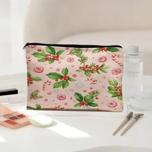 Large capacity Christmas holiday themed cosmetic bag, durable polyester storage pouch for travel.