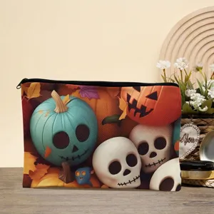 Nahaufnahme Detail der Halloween Totenkopf Kürbis Print Kosmetiktasche Reißverschluss Etui.