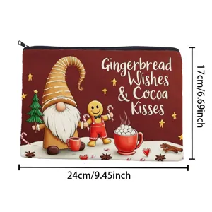 Detailed view of Christmas gingerbread gnome canvas zipper pouch makeup bag with dimensions.