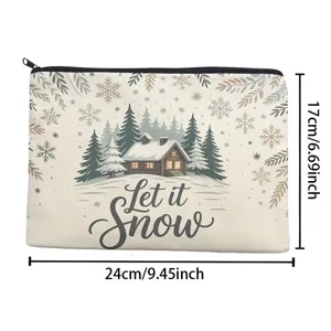 Cotton linen cosmetic storage bag with cute winter cabin snow print and zipper closure.