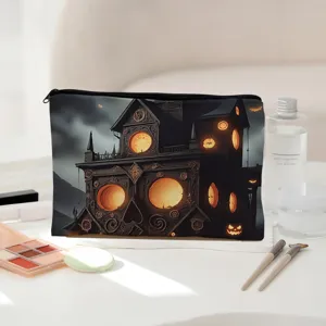 Halloween spookhuis print cosmetische tas, draagbare make-up etui voor reis en dagelijks.