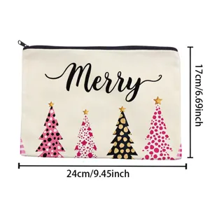 Christmas canvas makeup pouch detail showing Merry text and tree print with size specs.