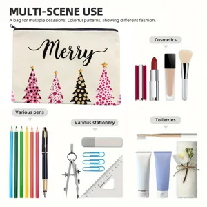 Christmas canvas zipper makeup bag, versatile pencil case, multi-scene storage pouch for daily use.