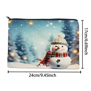 Close-up view of the winter snowman print cosmetic bag showing detailed size and fabric.