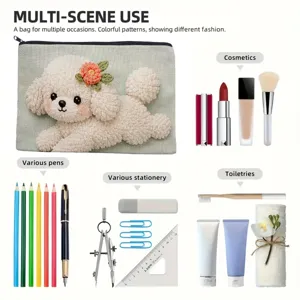 Pochette per trucco in tela con ricamo di cucciolo soffice, borsa di stoccaggio versatile.