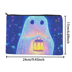 Canvas zipper pouch detail showing cute ghost illustration and clear dimensions for daily use.