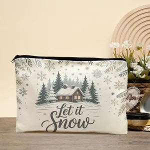 Winter snow scene canvas cosmetic bag with zipper, portable makeup storage pouch for daily use.