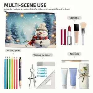 Christmas snowman print cosmetic bag, multi-functional zipper makeup pouch for daily use.