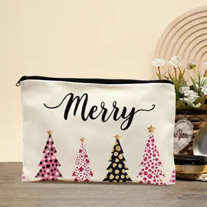 Christmas linen makeup bag with cute tree print, portable zipper cosmetic storage pouch.