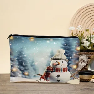 Christmas snowman print cosmetic bag, spacious waterproof makeup pouch for travel and daily storage.