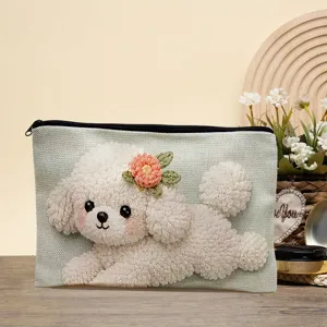 Carina borsa per trucco in tela con ricamo di cane soffice e astuccio per matite pratico.