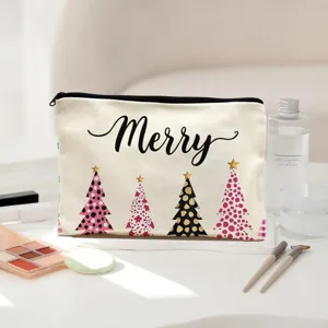 Christmas canvas makeup bag detail shot with festive tree prints and convenient zipper closure.