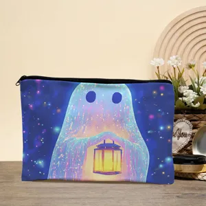 Canvas cosmetic bag featuring a cute glowing ghost illustration, large capacity travel makeup pouch.
