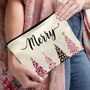 Christmas canvas zipper makeup bag with Merry text and cute tree prints for daily storage.