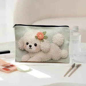 Graziosa borsa per trucco in tela con barboncino ricamato 3D, elegante astuccio portamatite.