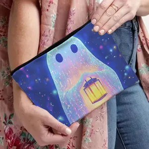 Canvas makeup bag, travel storage pouch, and pencil case with cute starry ghost art print.