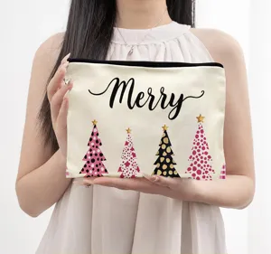Christmas canvas makeup pouch zipper toiletry bag large capacity portable cosmetic bag