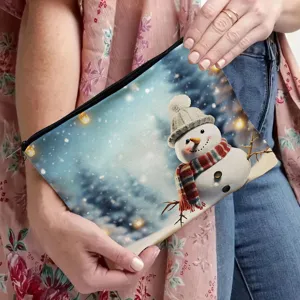 Snowman print cosmetic bag detail, winter holiday makeup pouch with zipper for daily use.