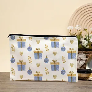 Weihnachtsgedruckte Leinen Reißverschluss Kosmetiktasche Detailansicht mit festlichem Motiv.