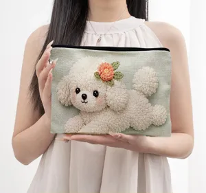 Graziosa borsa di stoccaggio in tela con barboncino 3D, beauty case e astuccio scolastico.