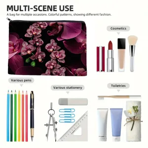 Borsa di stoccaggio multifunzionale con motivo a orchidea viola per cosmetici e cancelleria.