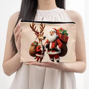 Christmas 3D Santa and Reindeer Print Cotton Linen Cosmetic Pouch Makeup Storage Bag