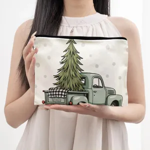 Christmas vintage truck canvas makeup bag holiday gift travel storage pouch cosmetic organizer