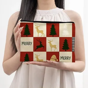 Christmas reindeer linen zipper cosmetic bag large capacity portable makeup pouch for women