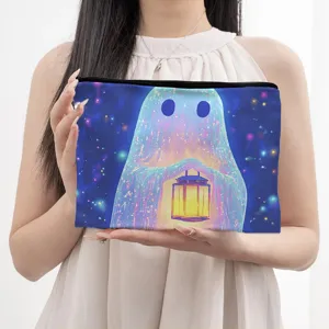 Canvas cosmetic pouch with ghost oil painting print, large capacity travel makeup storage bag.