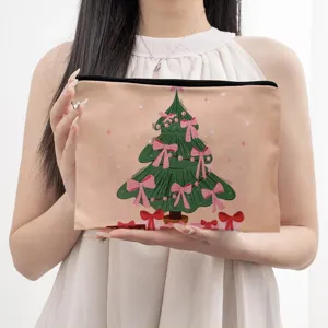 Christmas linen zipper makeup bag, cute pink bow tree design large capacity cosmetic toiletry pouch.