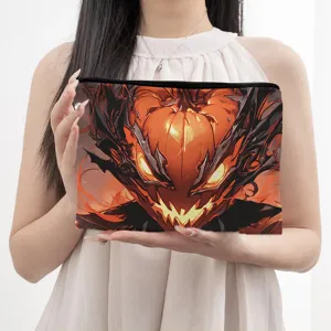 Canvas cosmetic zipper pouch featuring a striking mystical Halloween pumpkin art design.