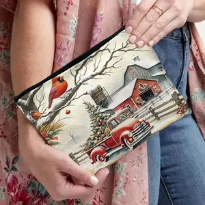 Vintage Christmas red truck canvas cosmetic bag large capacity zipper storage pouch detail