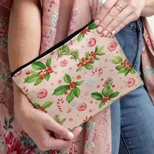 Large capacity Christmas makeup bag, portable polyester cosmetic pouch for travel use.